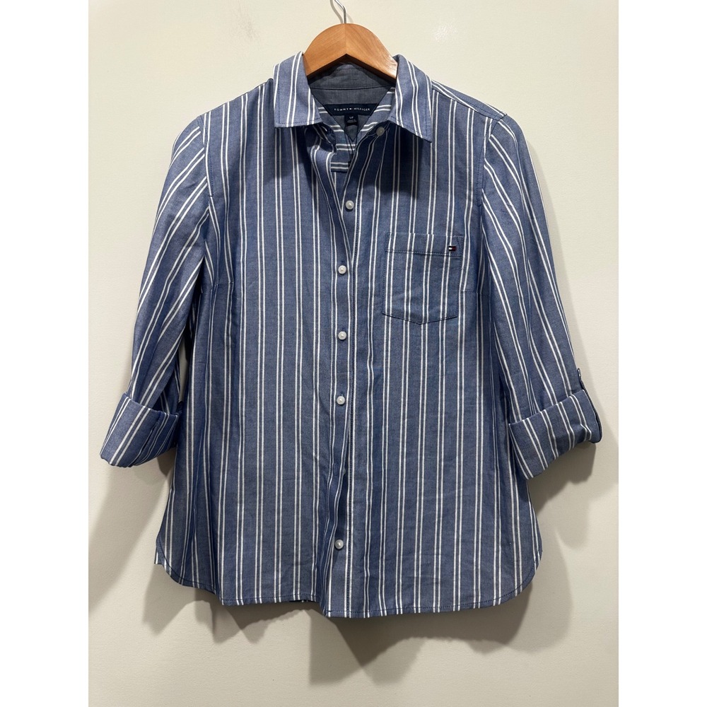 Tommy Hilfiger Heritage Shirt Womens Small Blue White Striped Button Down Shirt
